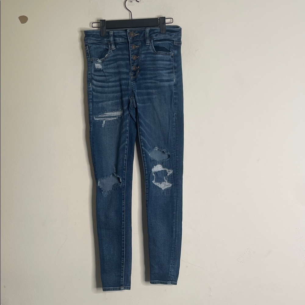 American Eagle Outfitters Medium Blue Ripped High-Rise Skinny Jeans